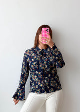 Size XS-S Navy Floral Tie-Neck Shirt Top