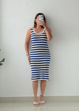 Size M-L Blue Stripe Ribbed Midi Dress