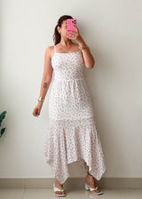 Size S-M White Floral Open-Back Handkerchief Midi Dress