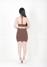 BROWN HALTER NECK DRESS