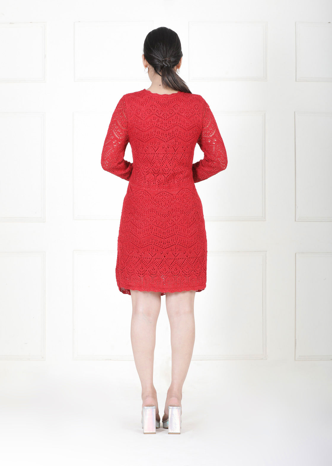 RED FULL SLEEVES CROCHET DRESS