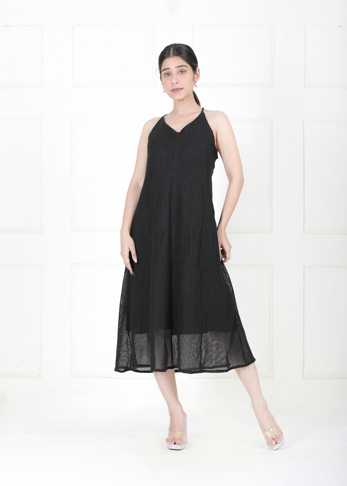 BLACK MIDI NET DRESS