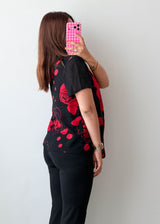 Size S-M Black Red Rose Print Layered Top