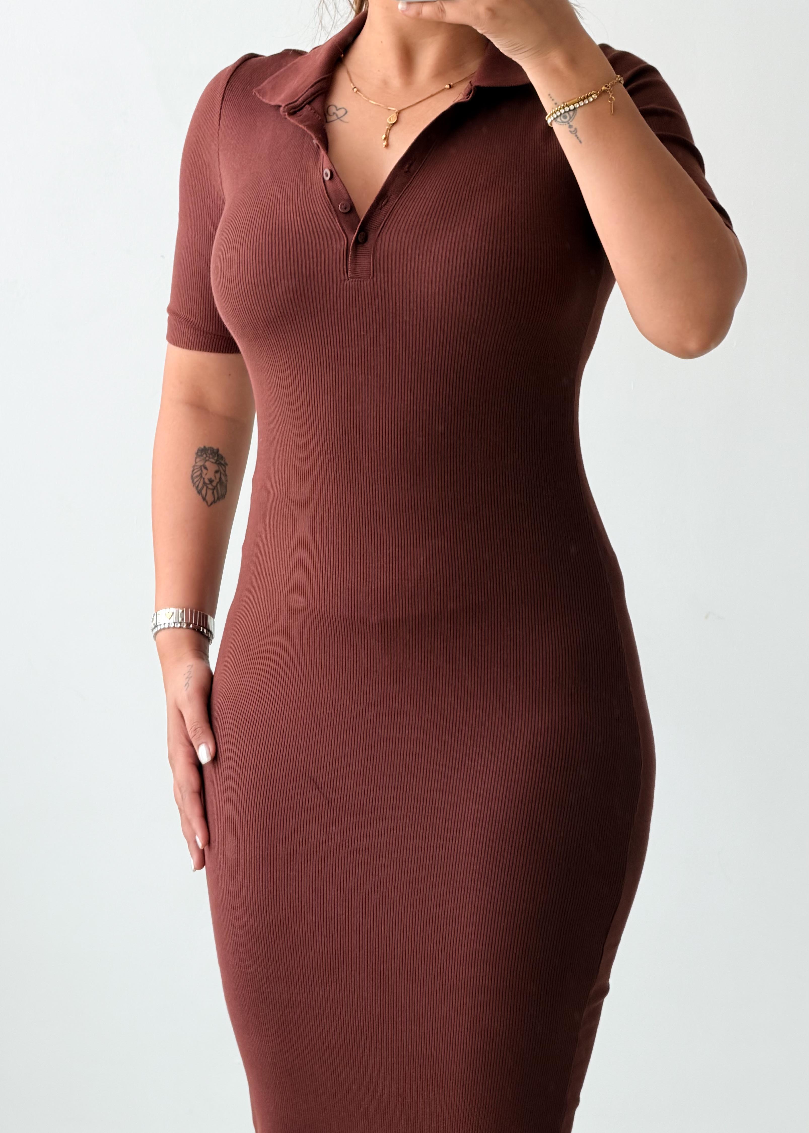 Size XS-S Chocolate Brown Ribbed Polo Midi Dress