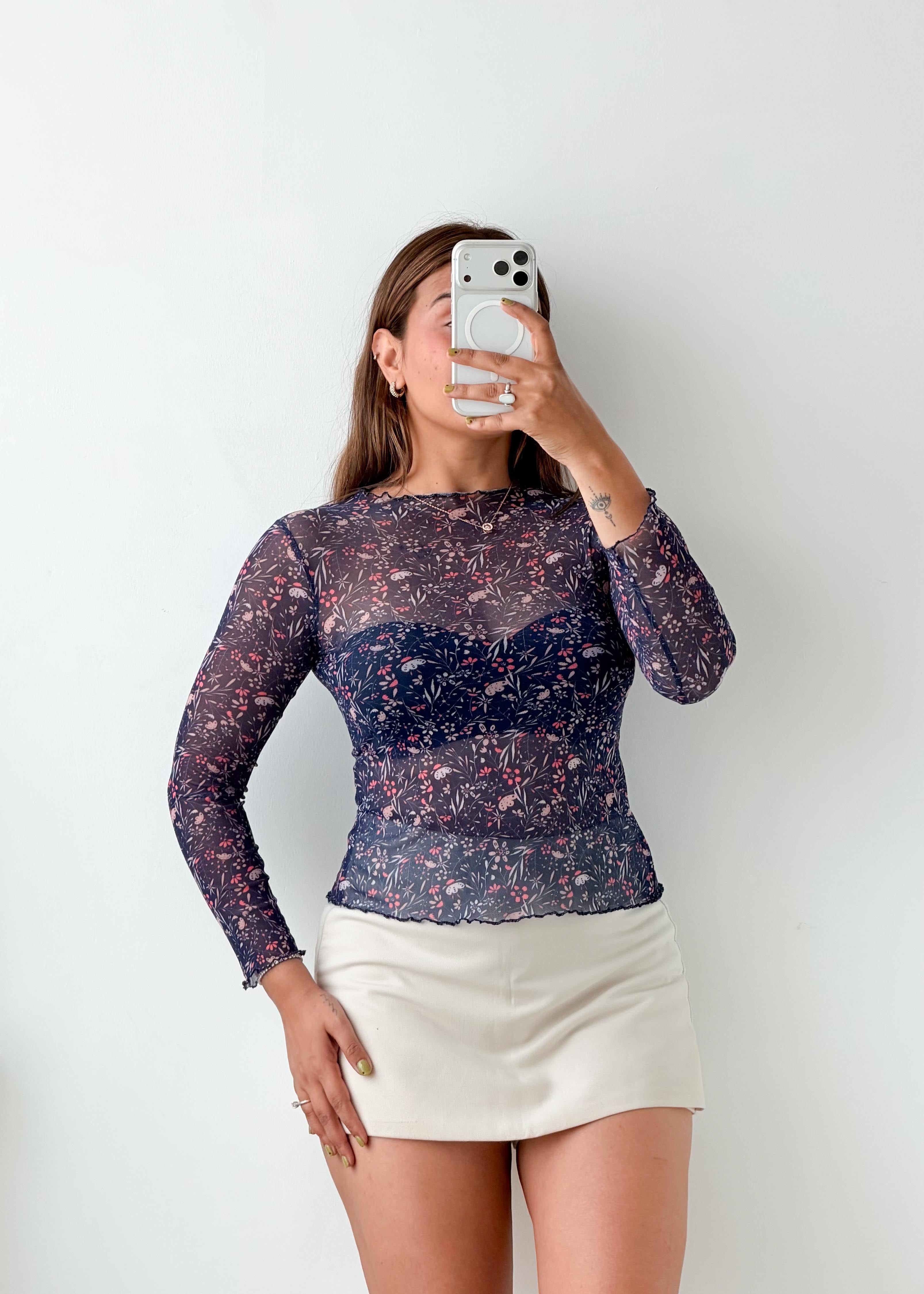 Size XS-S Navy Floral Mesh Top
