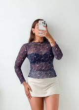 Size XS-S Navy Floral Mesh Top