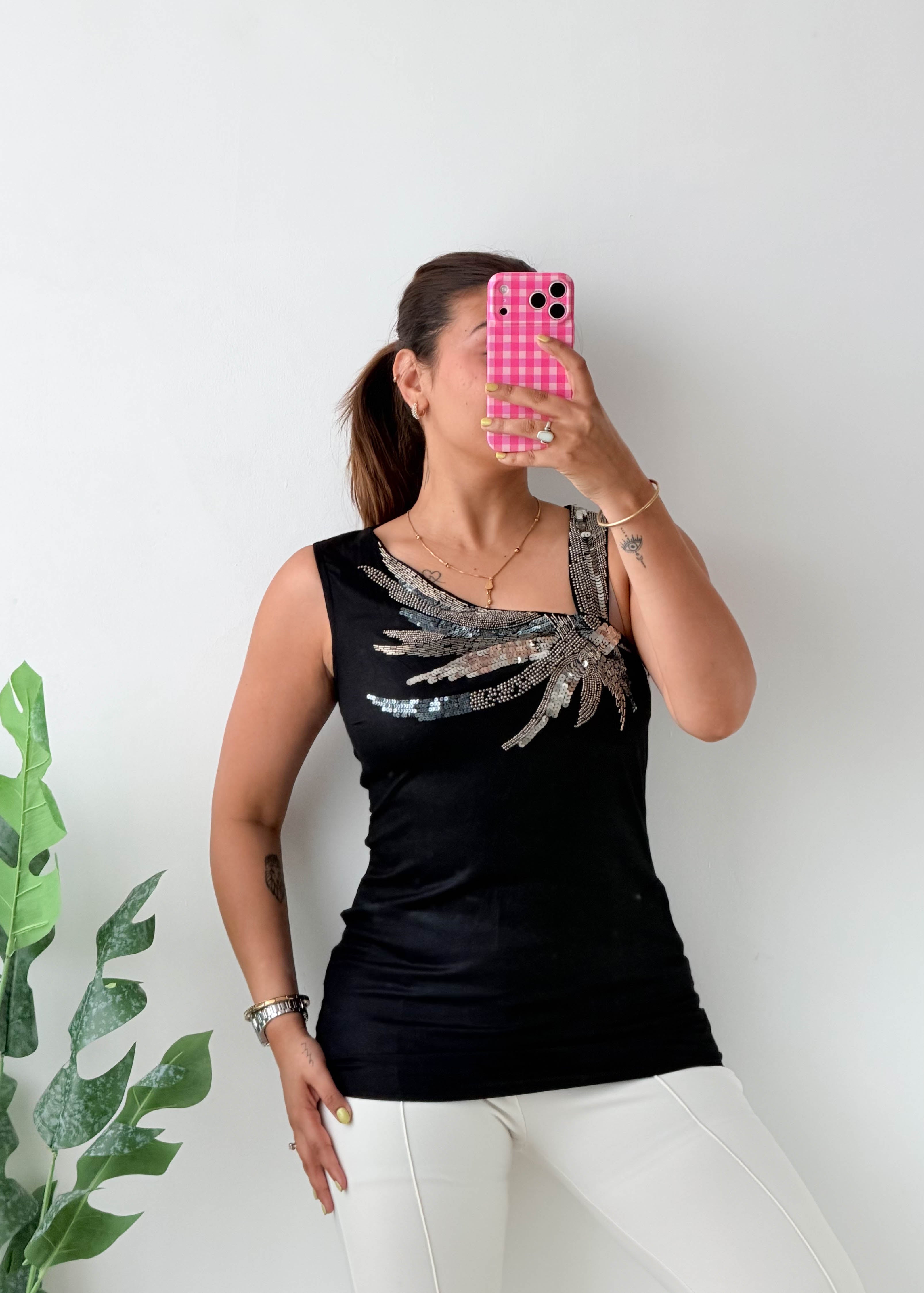 Size XS-S Black Sequin Palm Tank Top