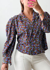 Size M-L Blue Floral Puff Sleeve Shirt Top