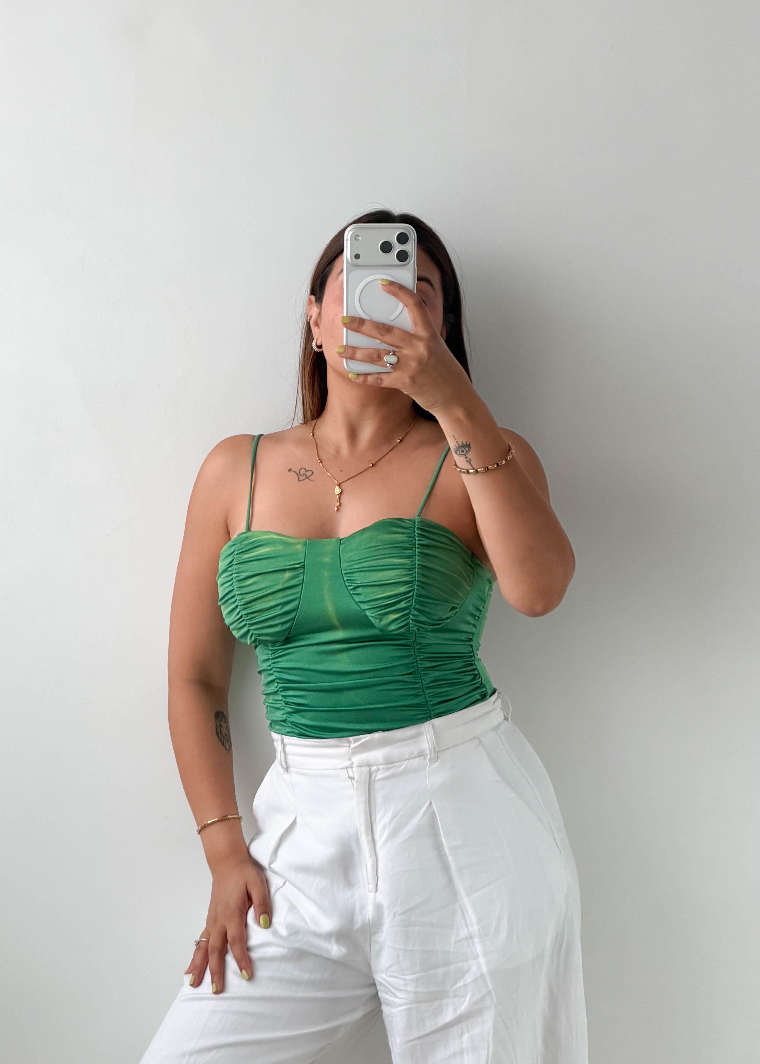 Size S-M Green Ruched Cami Bodysuit