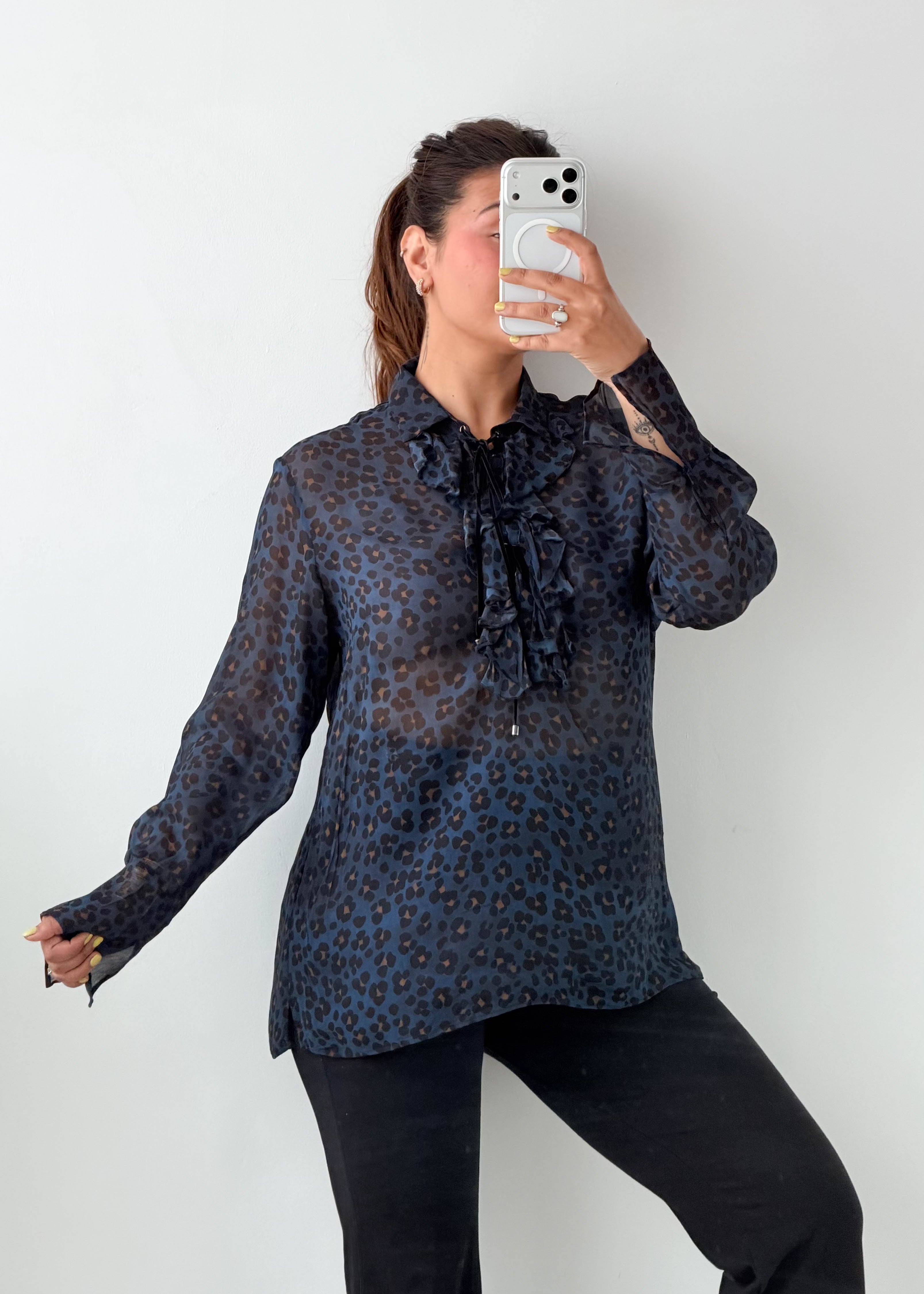 Size S-M Navy Animal Print Ruffle Blouse