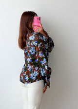 Size S-M Black Blue Floral Ruffle Blouse