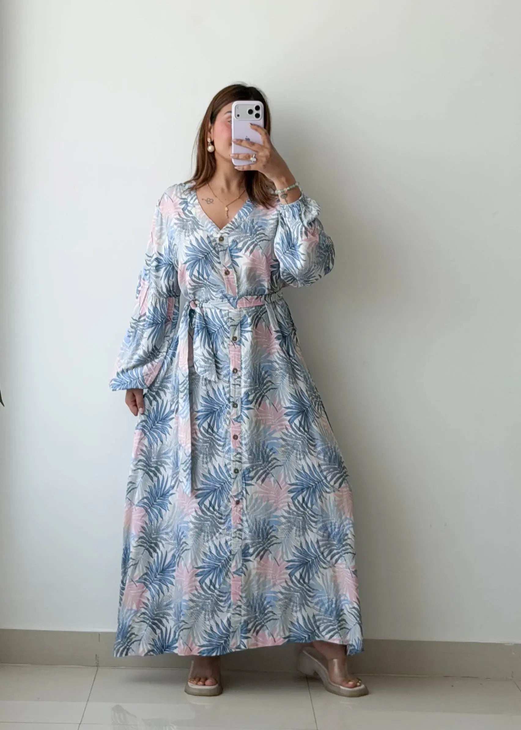 Size L-XL, Blue Tropical Shirt Maxi Dress