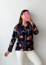 Size S-M Navy Beige Floral Print Shirt Top