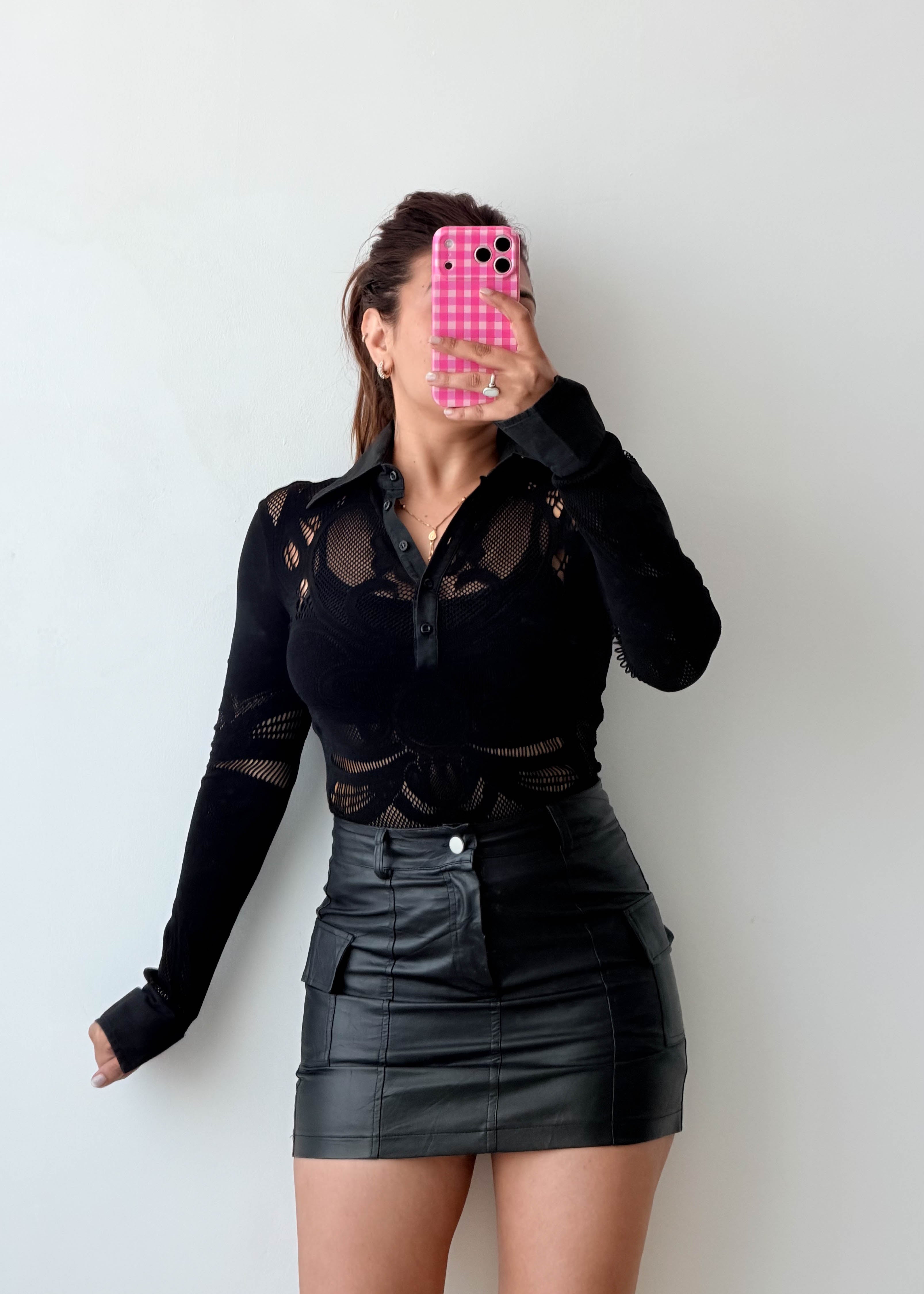 Size S-M Black Sheer Lace Polo Bodysuit
