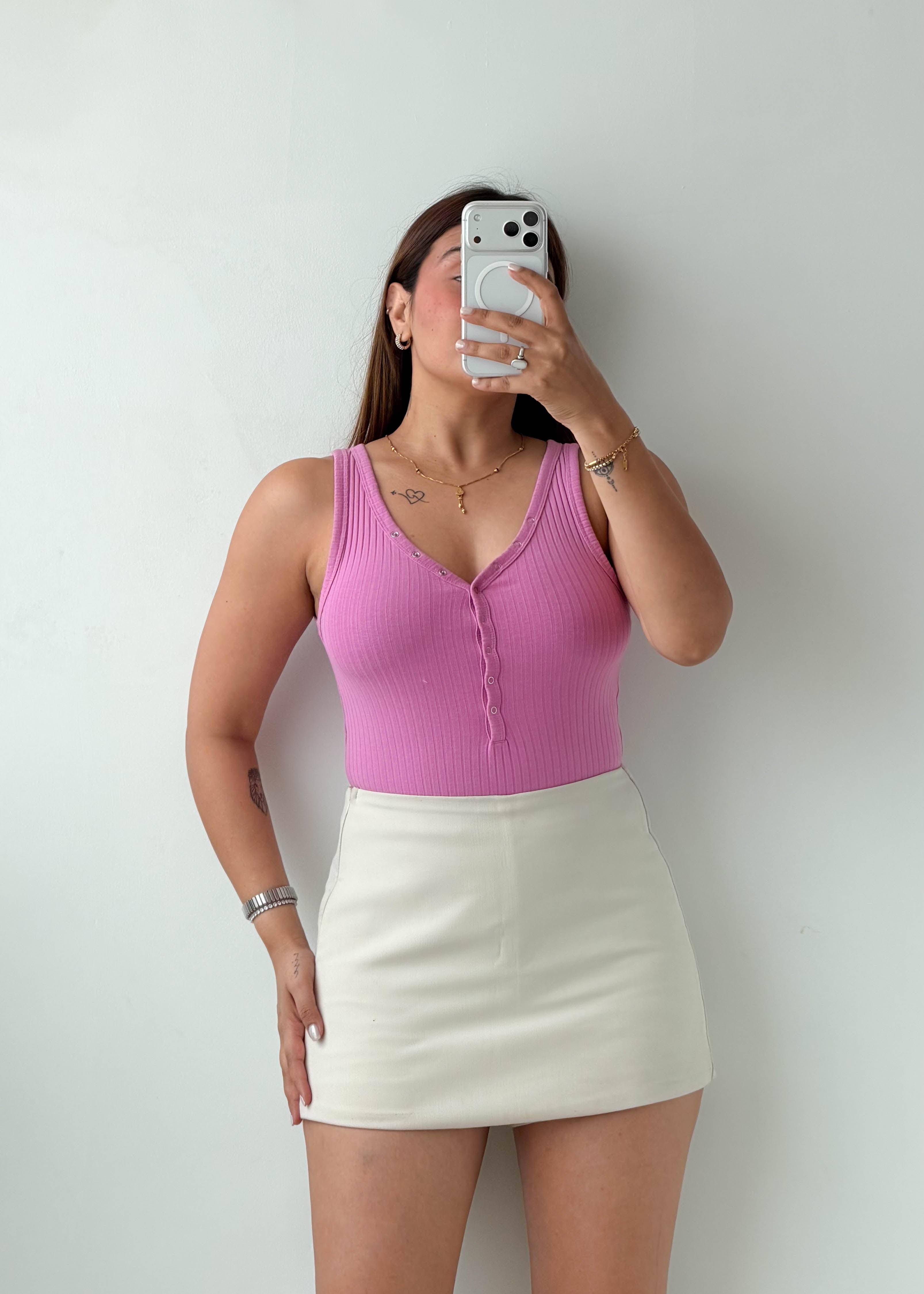 Size XS-S Pink Ribbed Button Bodysuit