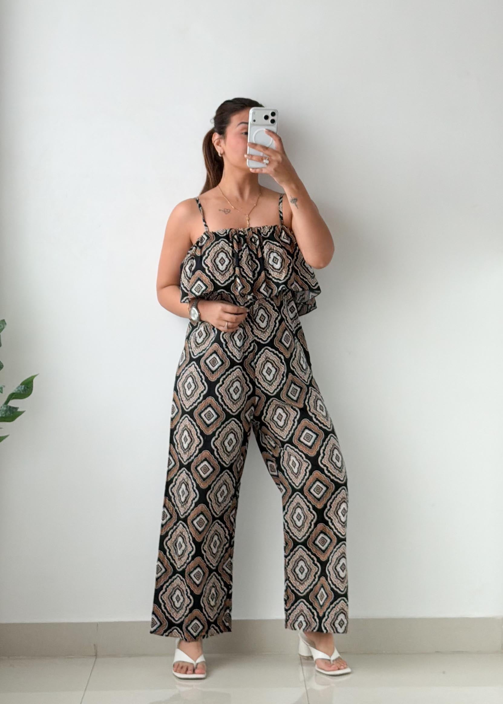 Size S-M Brown Geometric Print Wide-Leg Jumpsuit