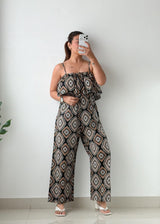 Size S-M Brown Geometric Print Wide-Leg Jumpsuit