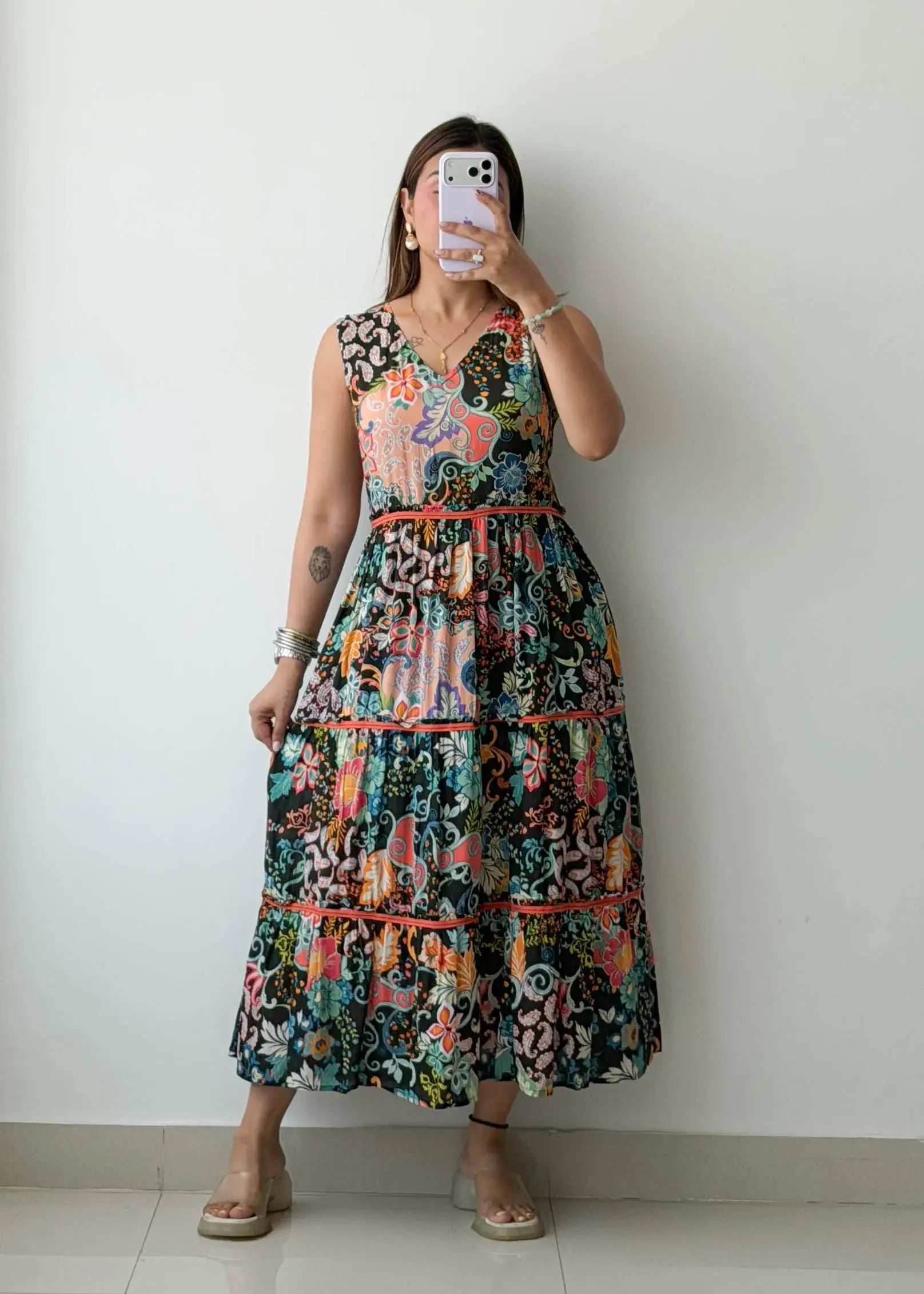 Size M, Multicolor Patch Print Tiered Maxi Dress