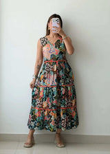 Size M, Multicolor Patch Print Tiered Maxi Dress