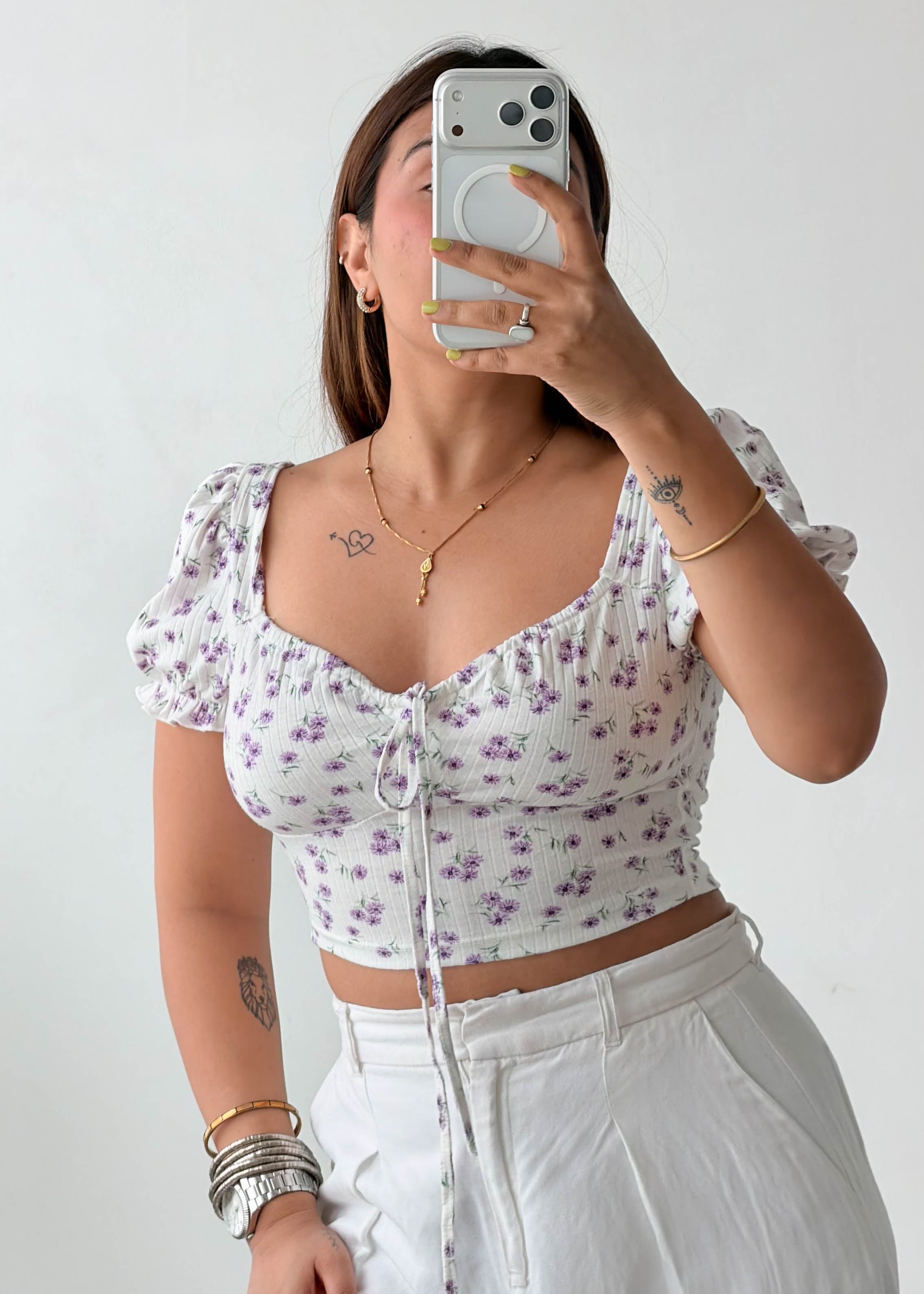 Size XS-S White Floral Milkmaid Crop Top