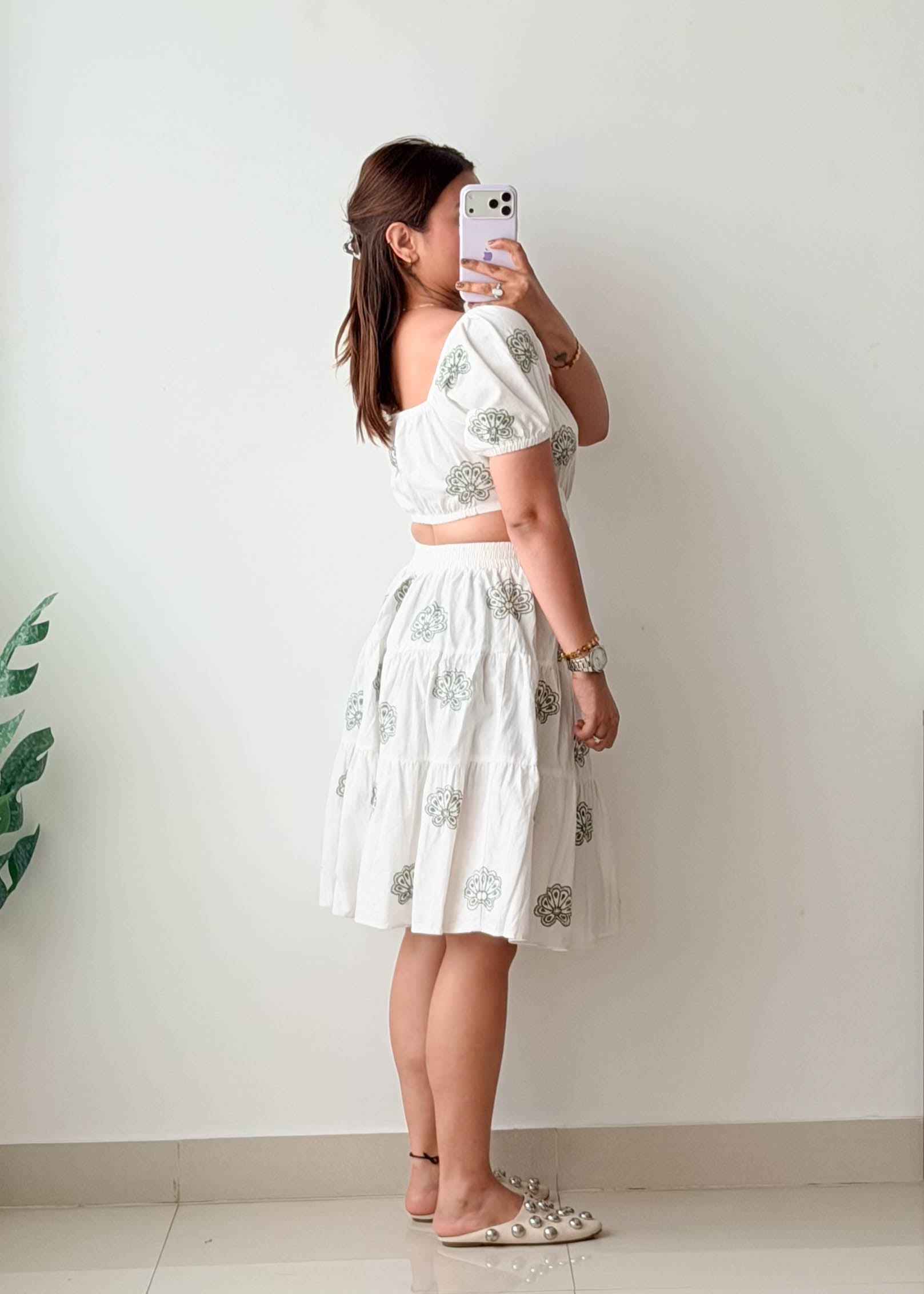 Size S-M White Printed Cut-Out Dress