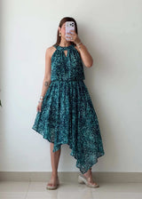 Size M-L, Teal Printed Asymmetric Dress