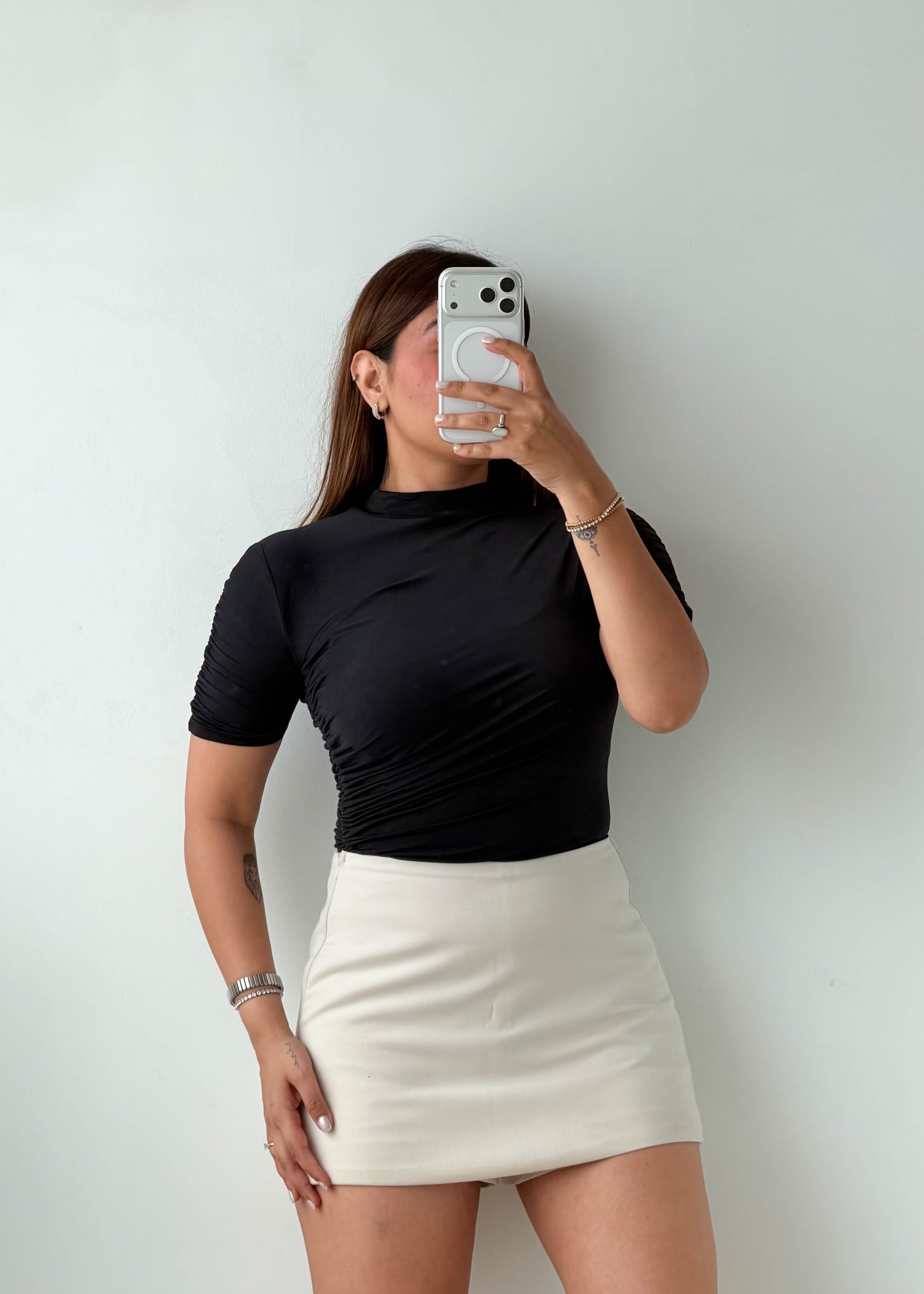 Size XS-S Black Ruched Side Bodysuit