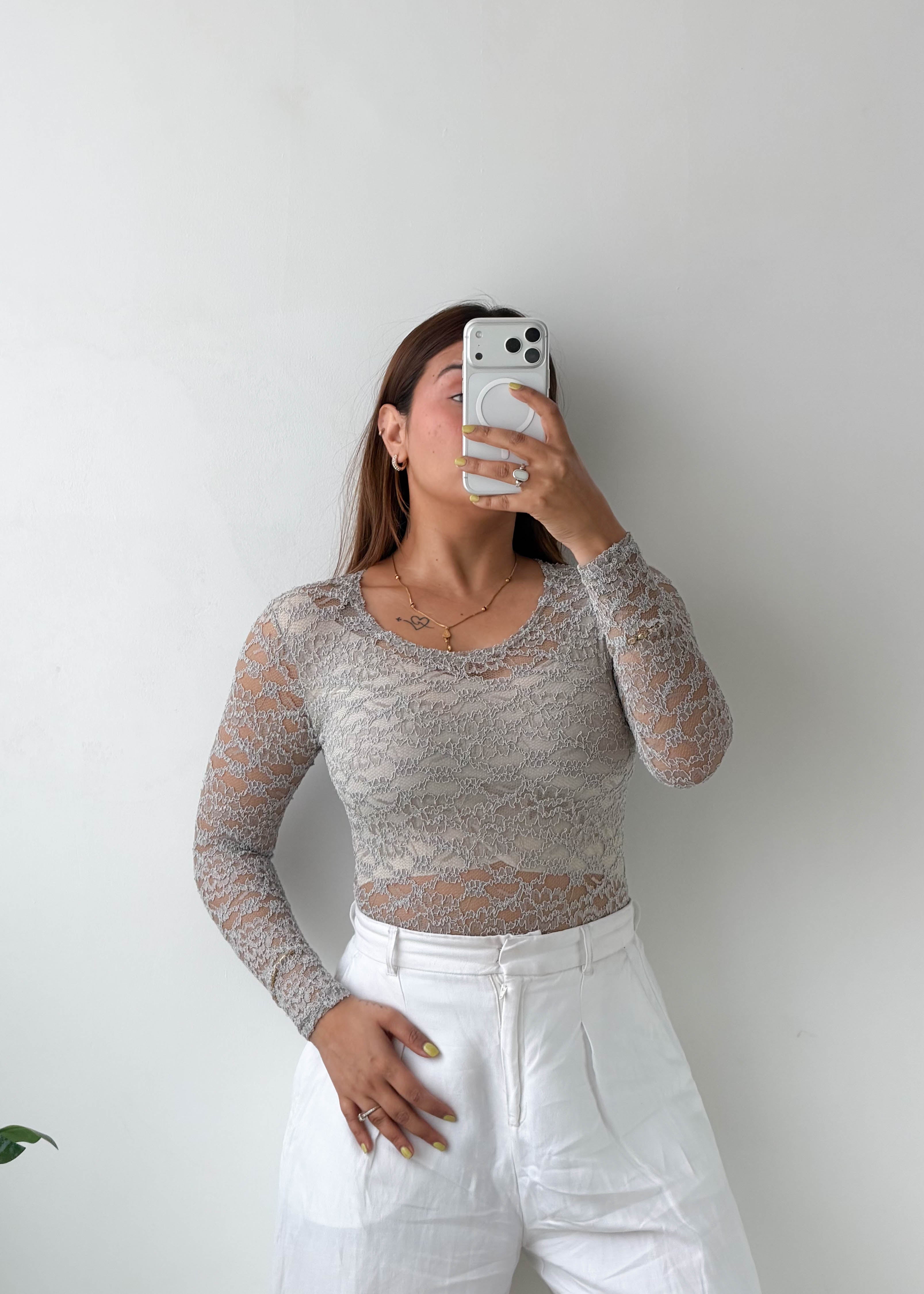 Size XS-S Grey Floral Lace Bodysuit