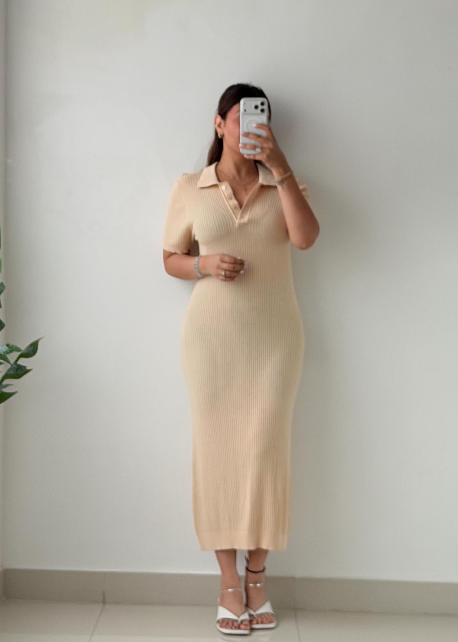 Size S-M Cream Ribbed Polo Midi Dress