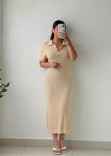 Size S-M Cream Ribbed Polo Midi Dress