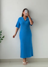 Size L-XL Blue Collared Knit Maxi Dress
