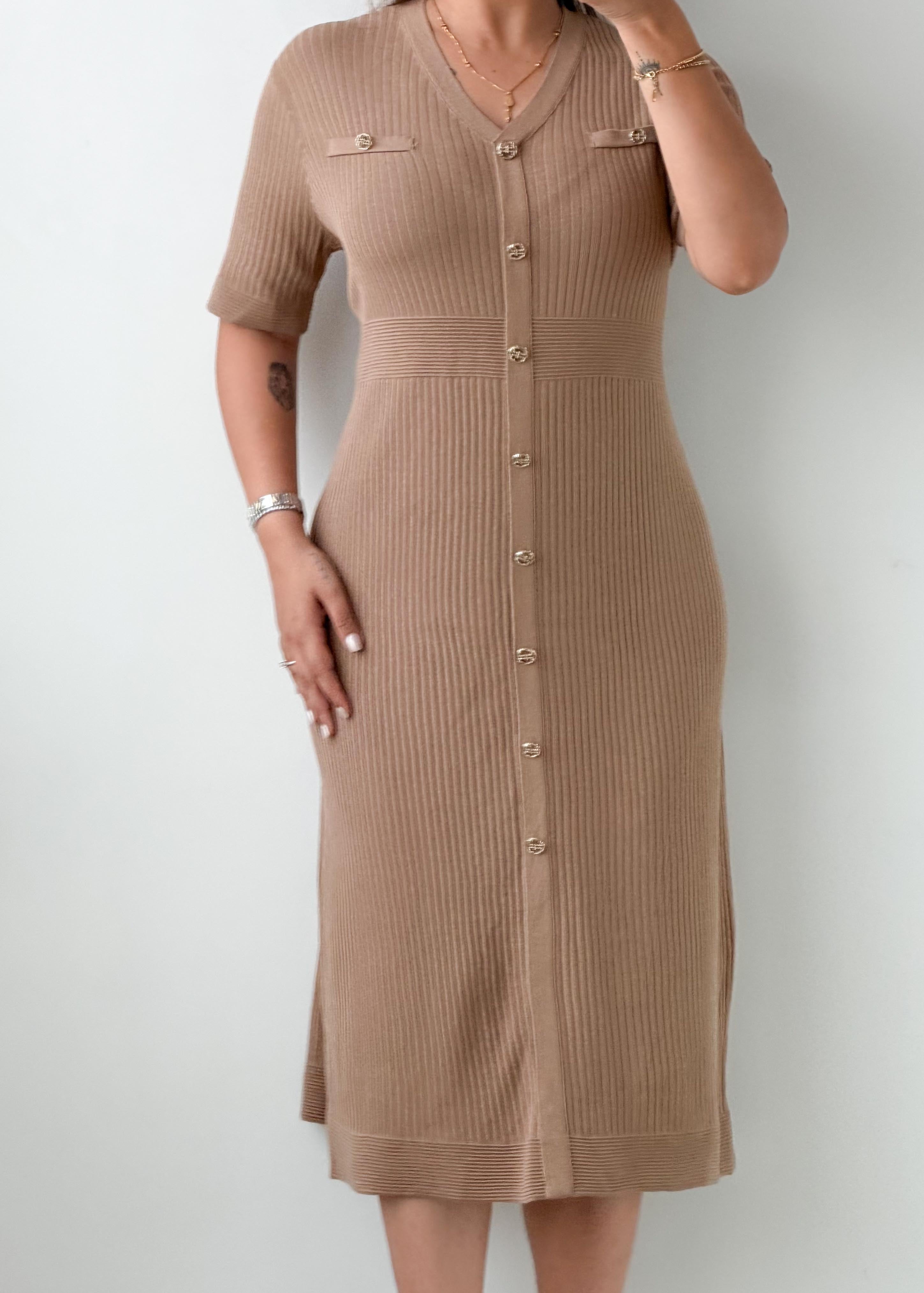 Size L-XL Mocha Ribbed Button-Front Midi Dress