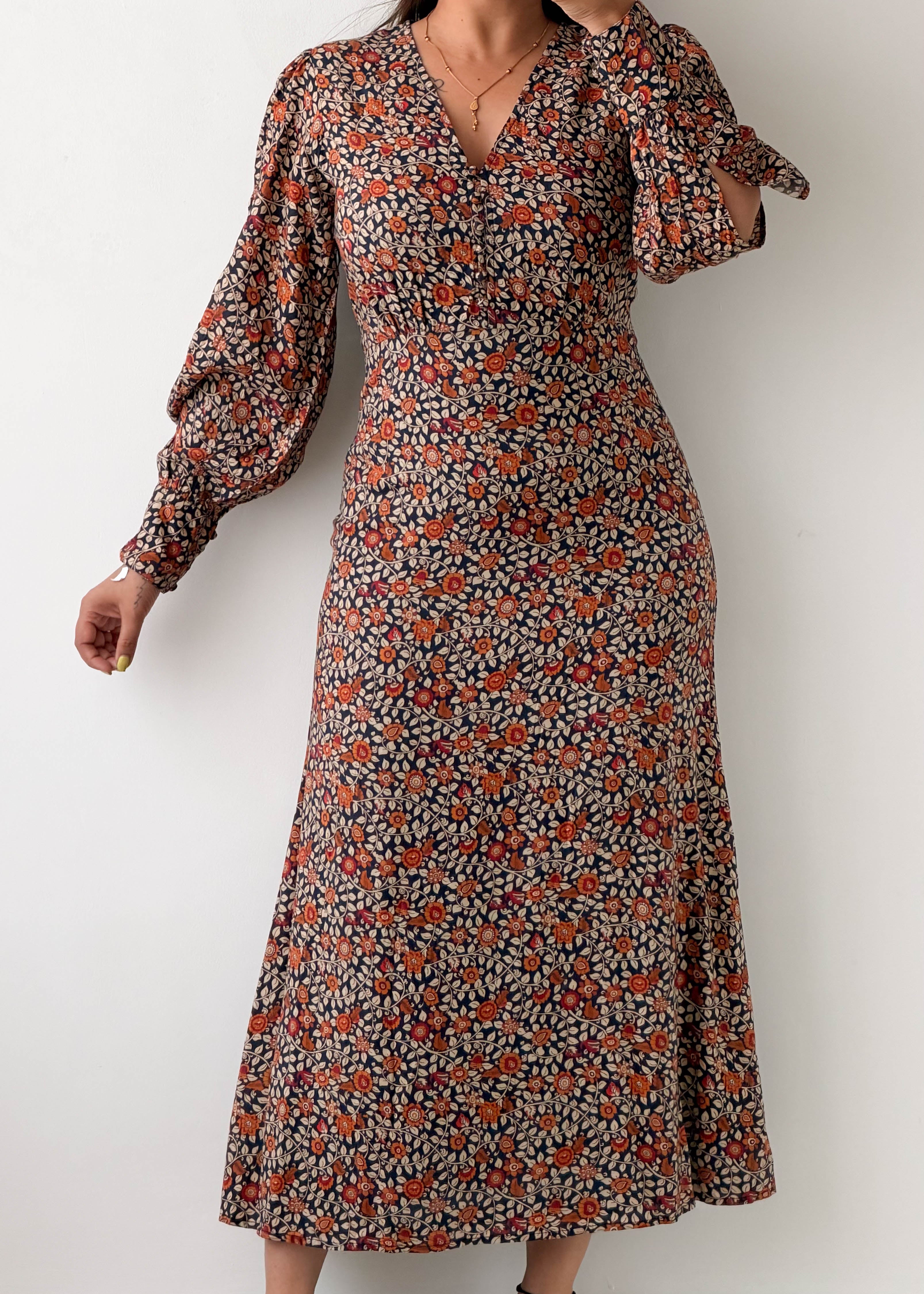 Size XS-S Brown Floral Long Sleeve Maxi Dress
