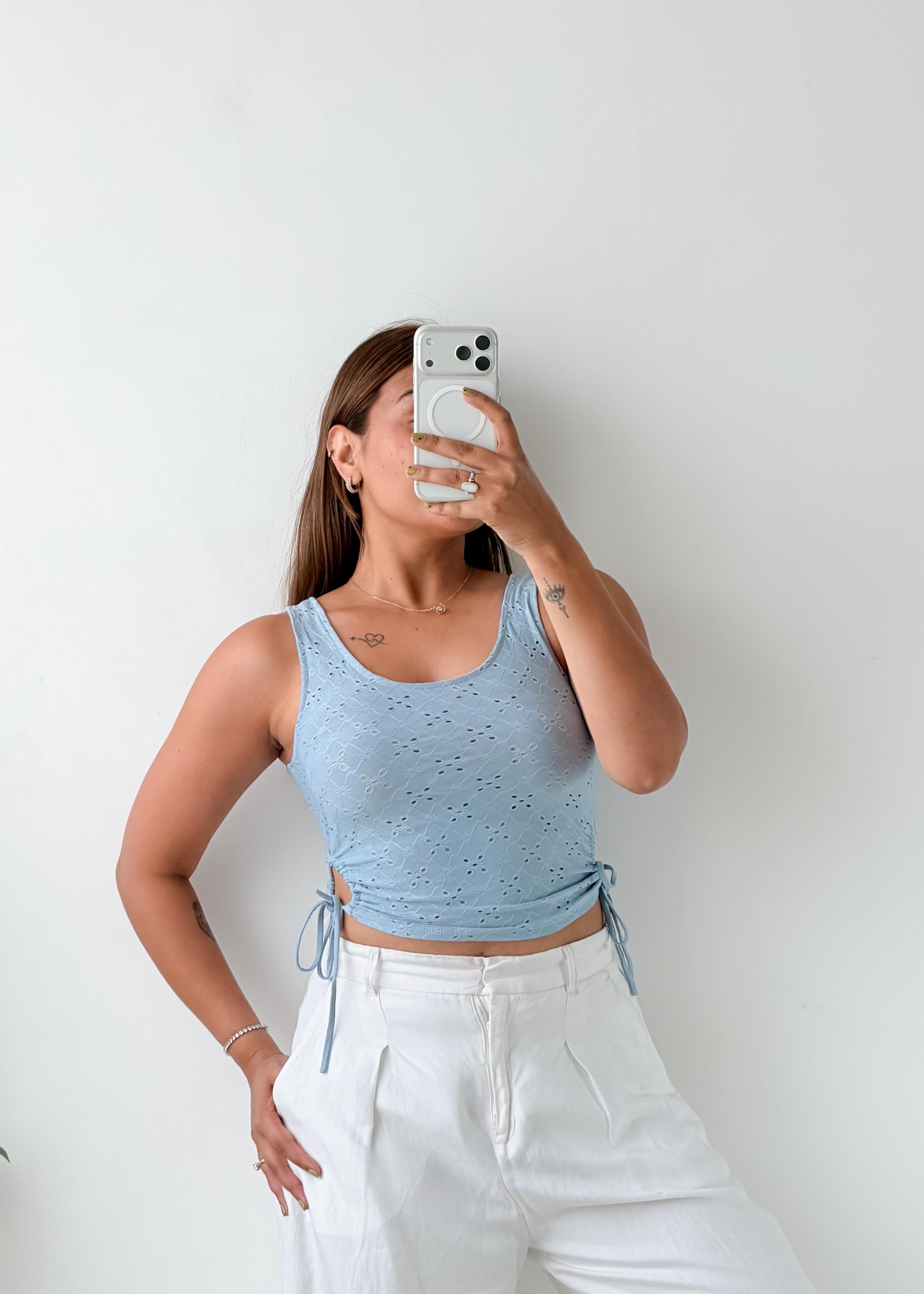 Size XS-S Light Blue Eyelet Tie-Side Crop Top