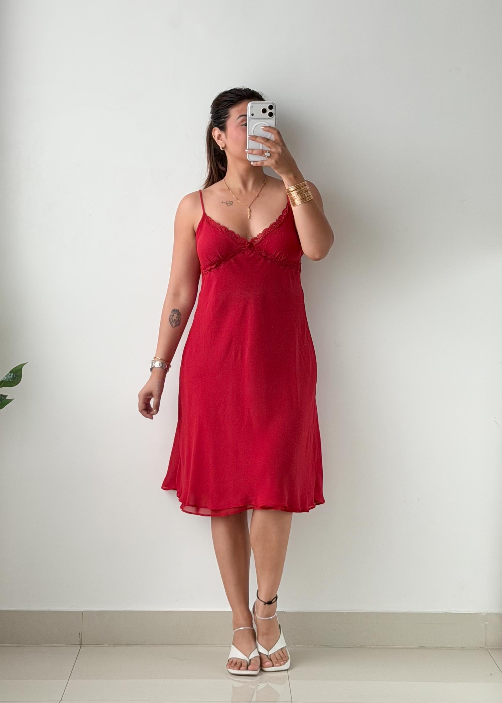 Size L Red Lace Trim Slip Midi Dress