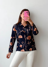 Size S-M Navy Beige Floral Print Shirt Top