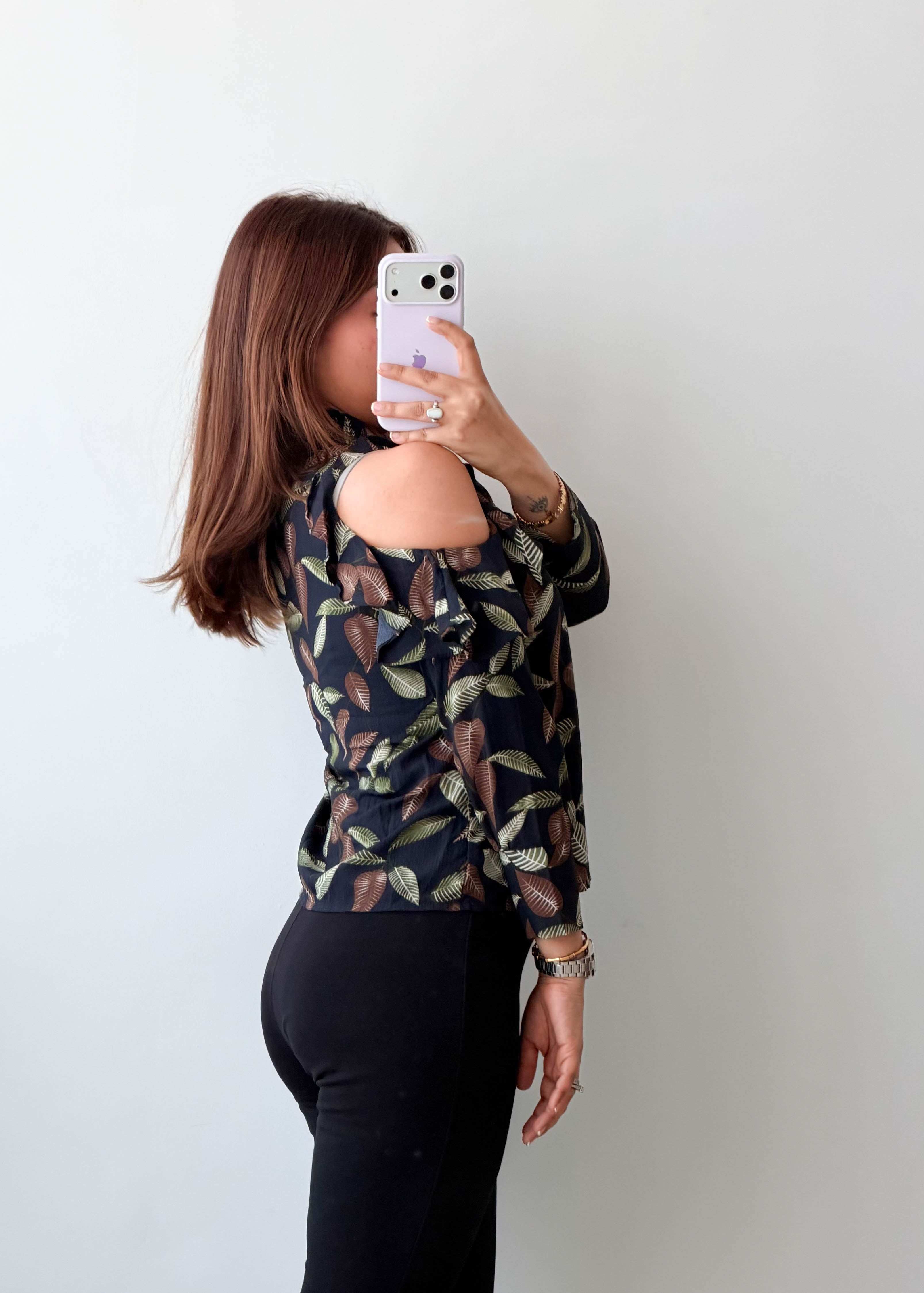 Size XS-S Black Leaf Print Cold Shoulder Top