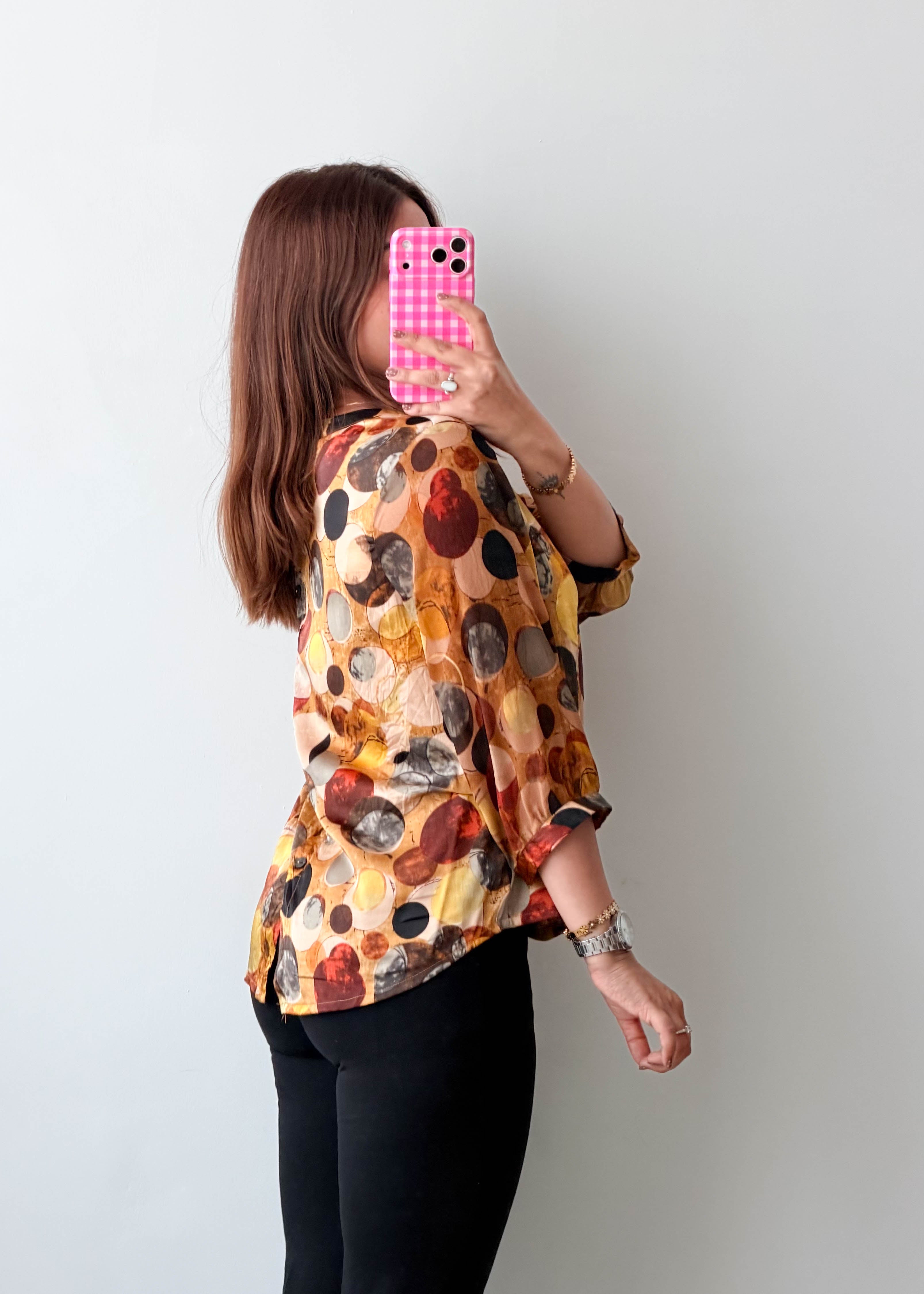 Size S-M Brown Abstract Circle Tie-Neck Blouse