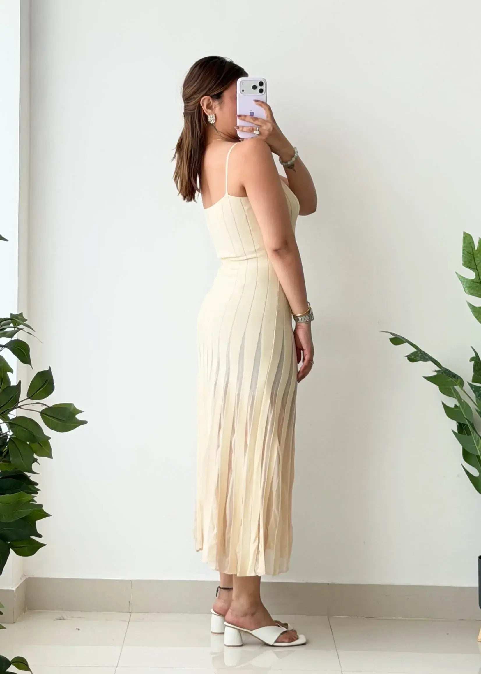 Size S- M, Cream Pleated Ribbed Midi Dress - Closet by Payal