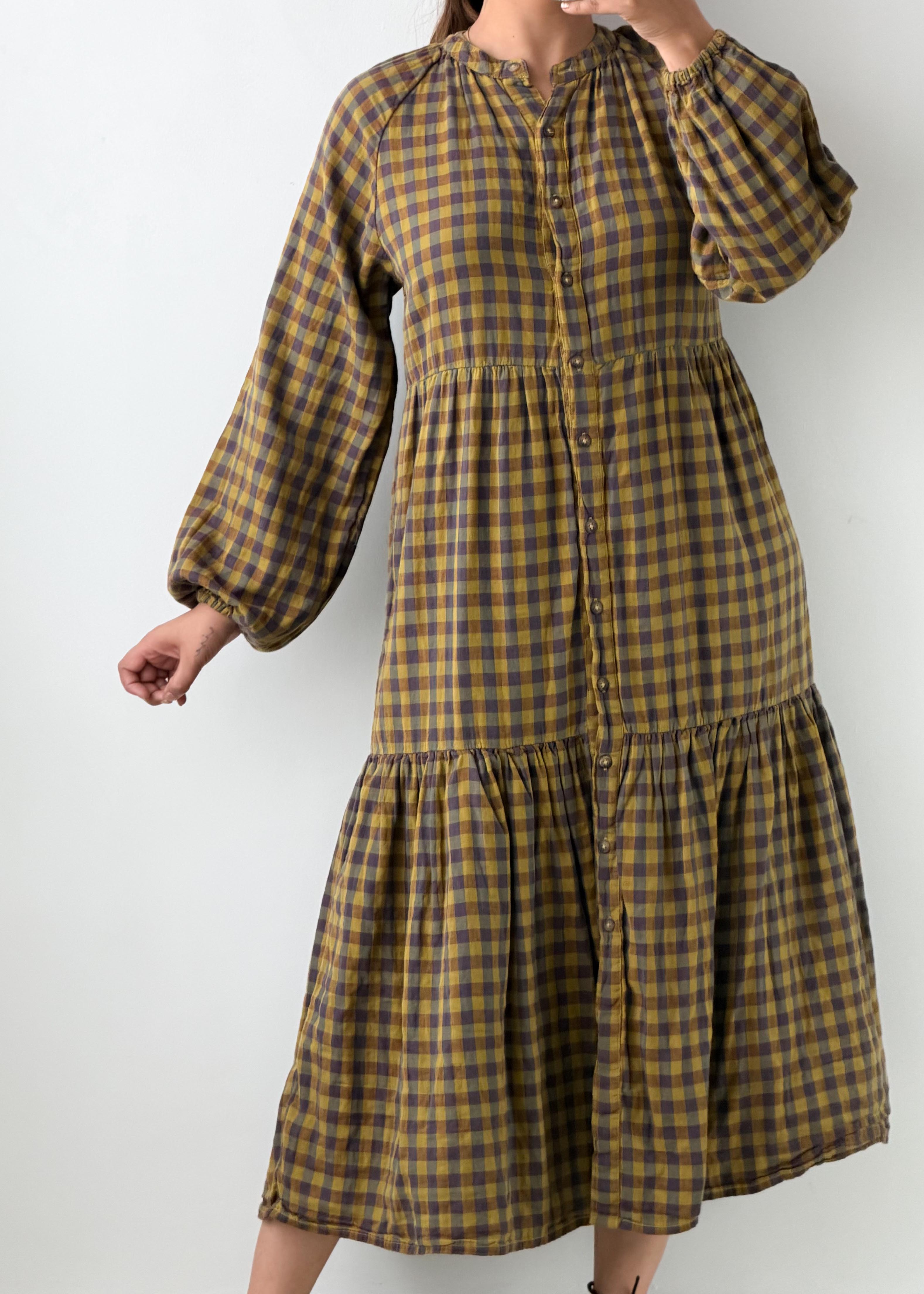 Size S-M Brown Check Tiered Midi Dress