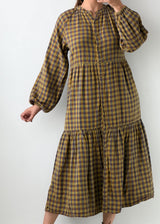 Size S-M Brown Check Tiered Midi Dress