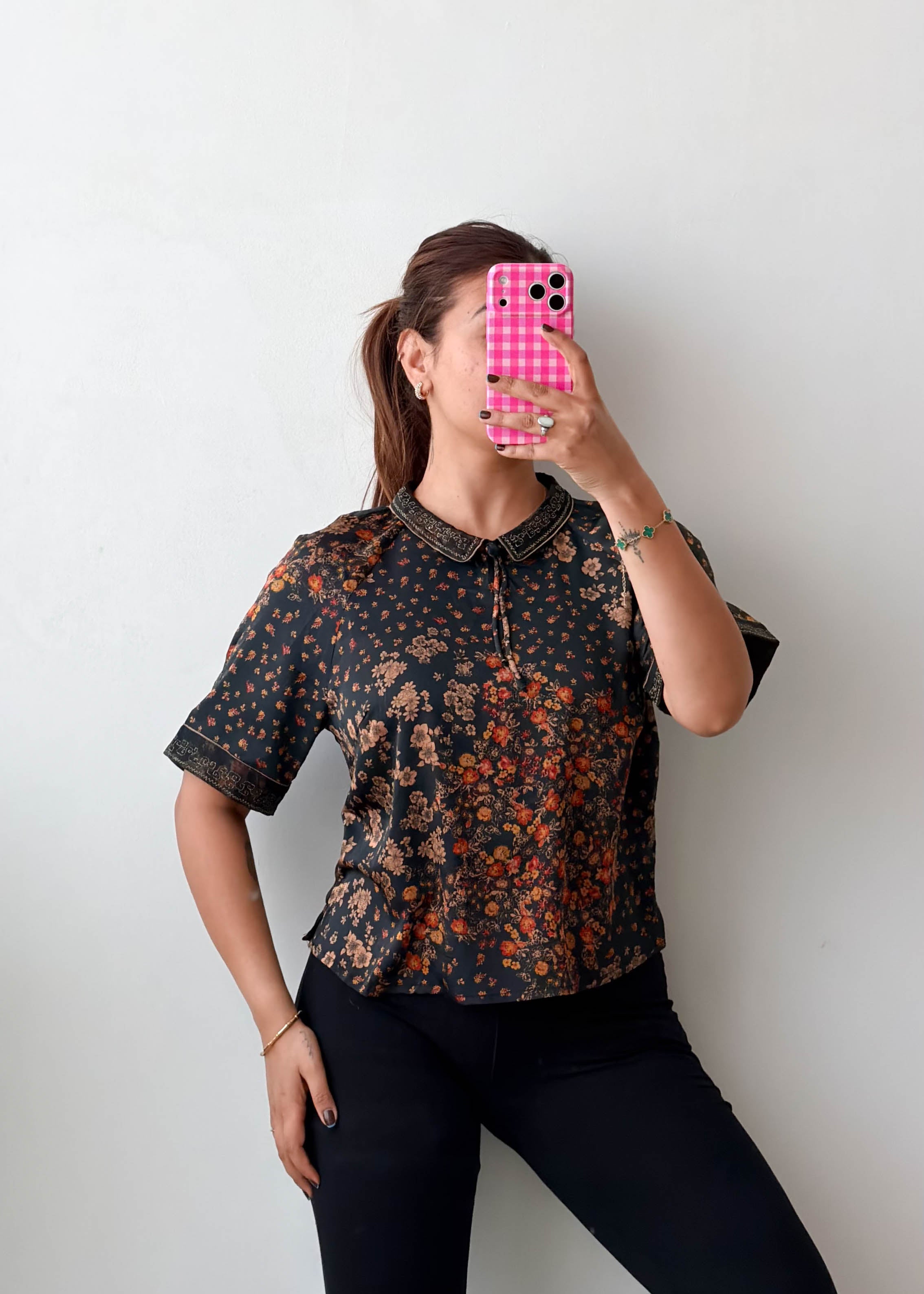 Size XS-S Black Brown Floral Peplum Top