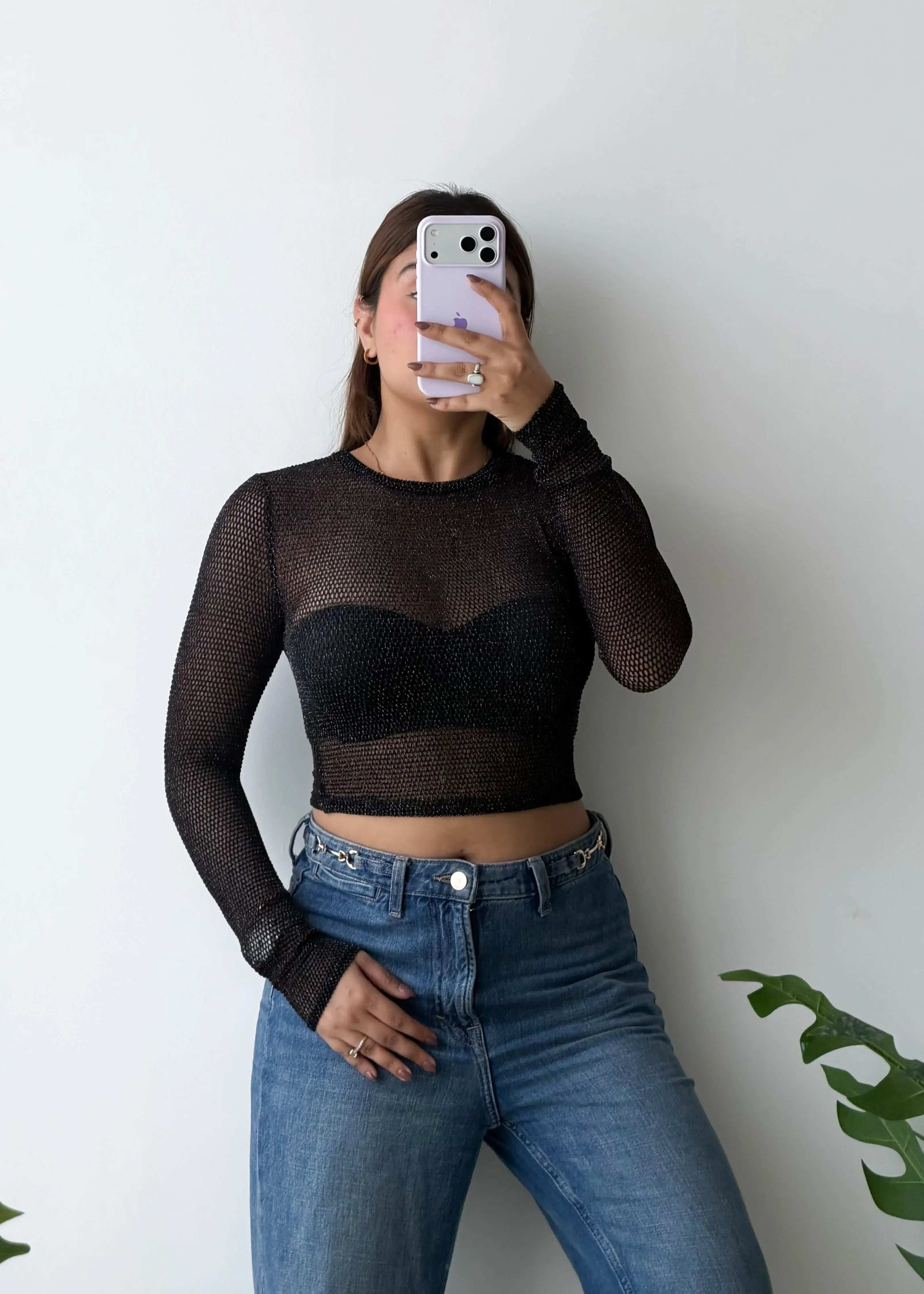SIZE XS-S, Black Sheer Long Sleeve Crop Top
