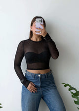 SIZE XS-S, Black Sheer Long Sleeve Crop Top