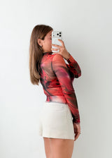 Size S-M Red Abstract Mesh Top