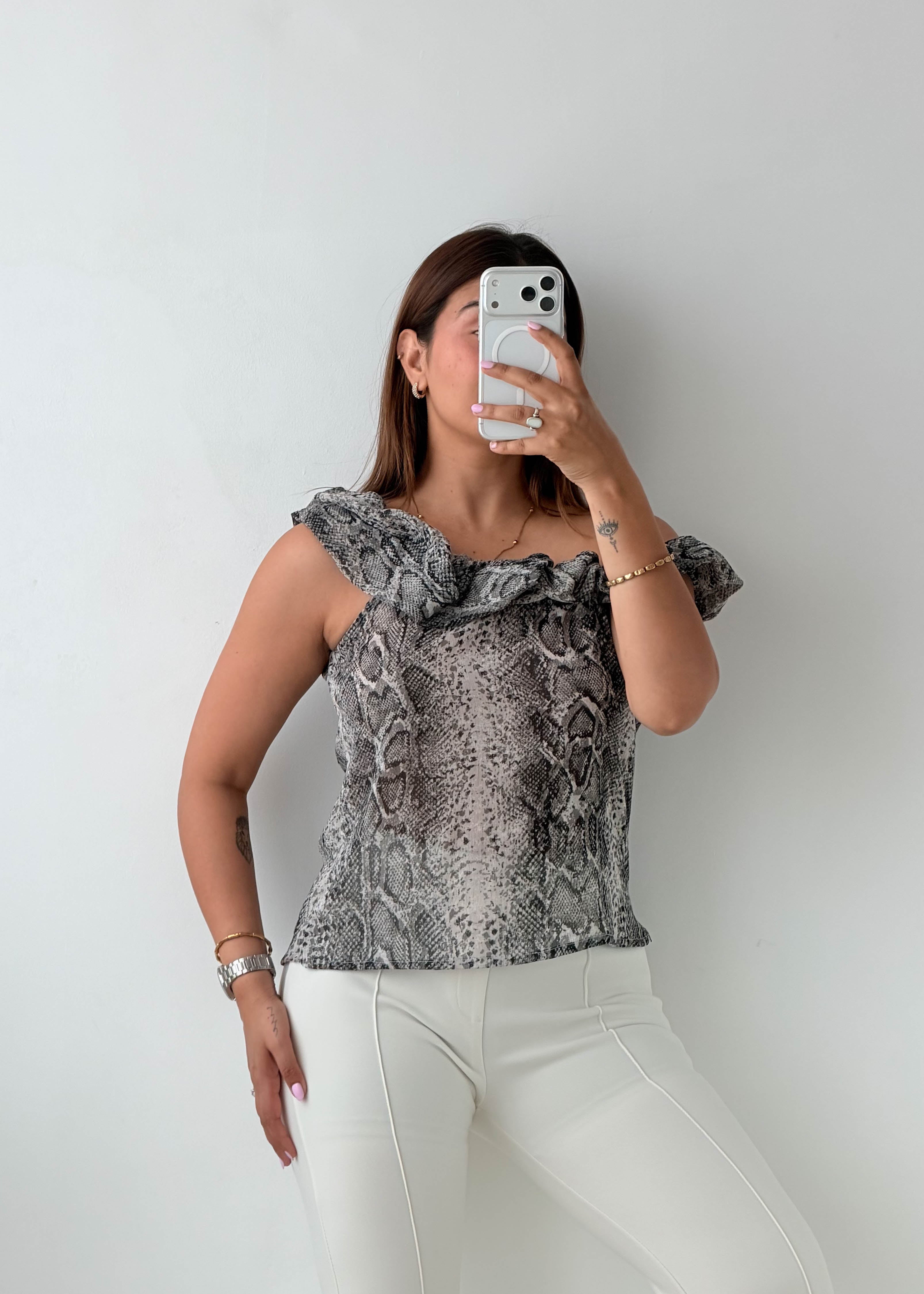 Size XS-S Grey Snake Print Ruffle Top