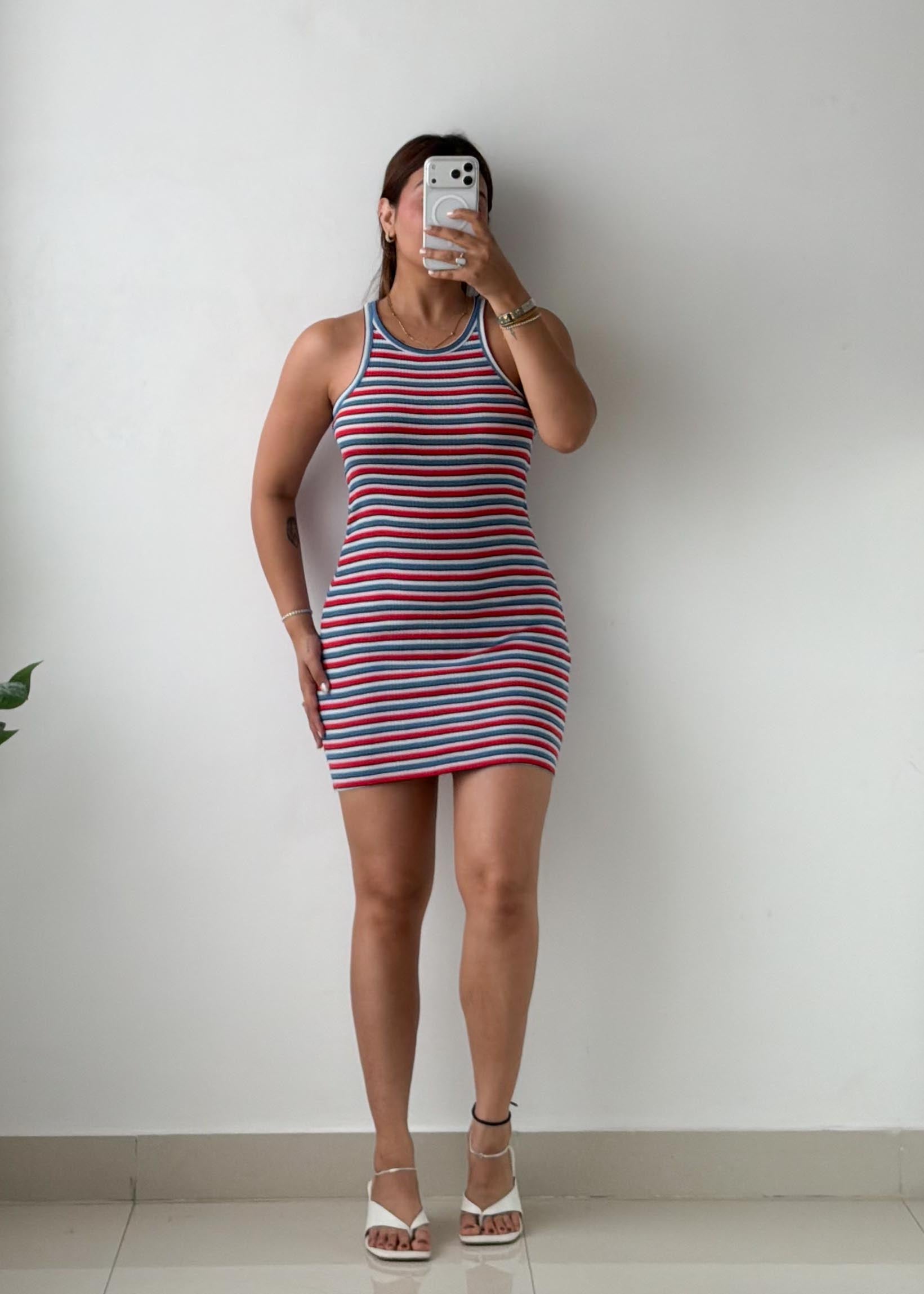 Size M-L Multicolor Striped Ribbed Knit Mini Dress