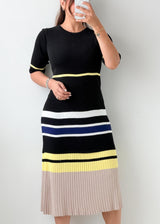 Size M-L Black Multicolor Striped Pleated Midi Dress