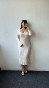 White Soft Knit Long Sleeve Midi Dress