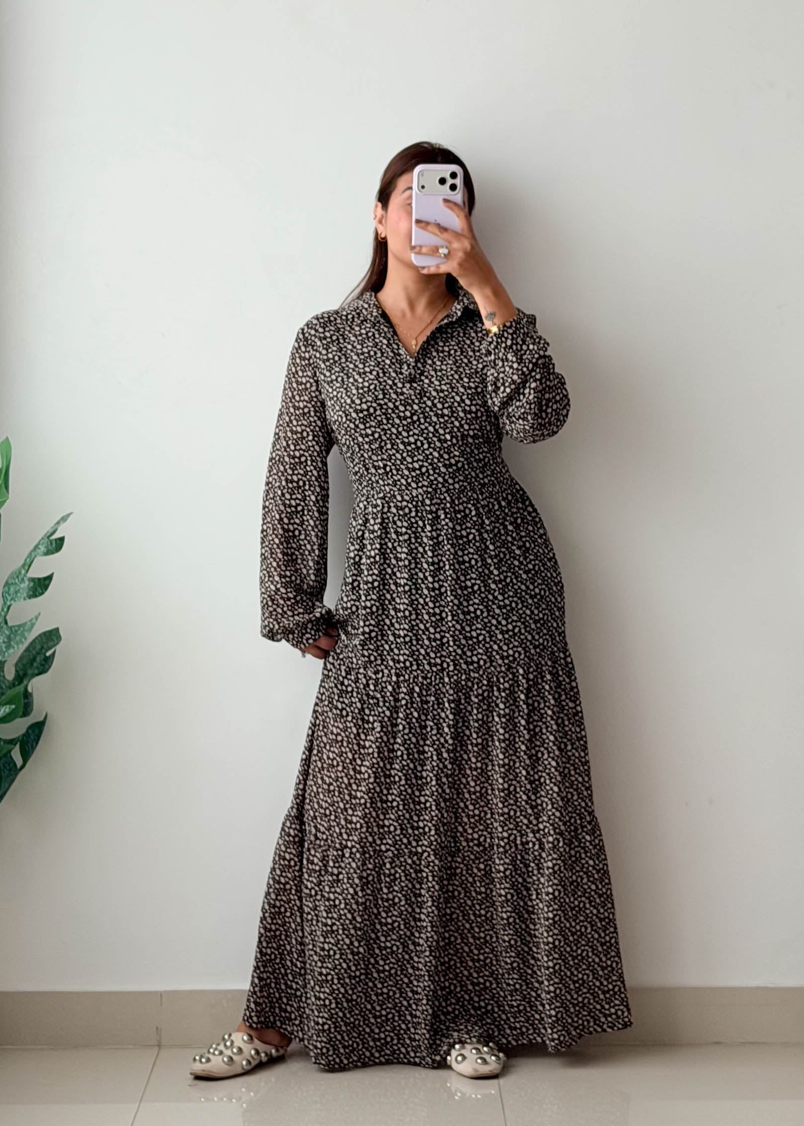 Size M-L Black Floral Tiered Maxi Dress